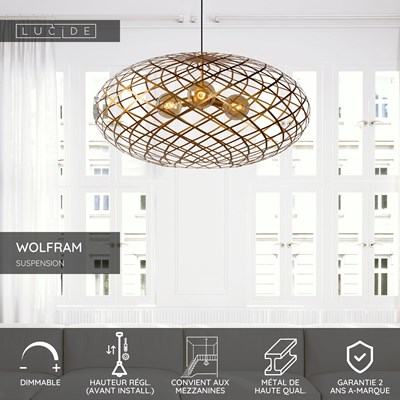 Lucide WOLFRAM - Suspension - Ø 100 cm - 3xE27 - Convient aux mezzanines et plafonds hauts - Or Mat / Laiton